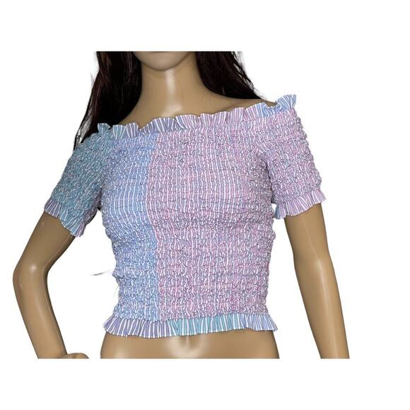 Petersyn Revolve Women's Kinsey Smocked Off-Shoulder‎ Cotton Top in Cocktail M - Picture 1 of 8